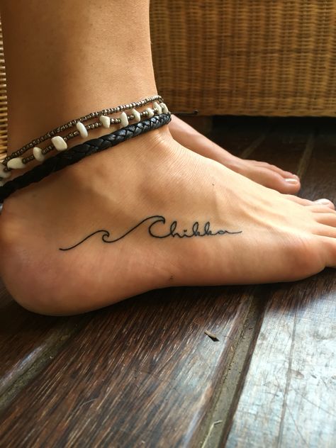 Infinity Wave Tattoo, Waves With Words Tattoo, Wave Tattoo With Name, Waves Ankle Tattoos For Women, Wave With Letter Tattoo, Ocean Wave Tattoo With Name, Wave Foot Tattoo, Wave Tattoo On Foot, Wave Tattoo Foot