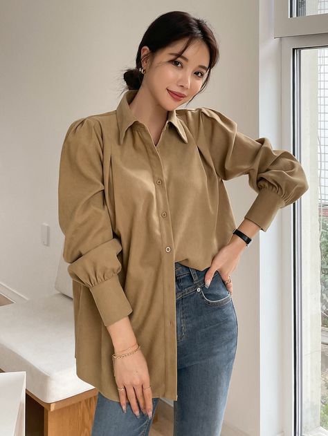 Sleeve Shirt Outfit, Camel Shirt, Woman Suit, Puff Sleeve Shirt, Dress Idea, Brown Blouse, Woman Suit Fashion, Plain Shirt, Modest Wear