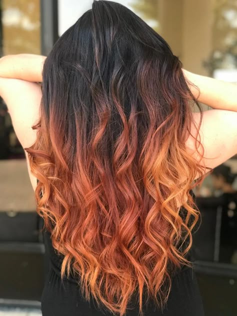 Copper hair Brown And Copper Hair Color, Black And Amber Hair, Copper And Blonde Highlights On Dark Hair, Brown To Orange Balayage, Ombré Copper Hair, Ombre Hair Copper, Orange Hair Tips, Copper Black Hair, Brown Copper Hair Color Balayage