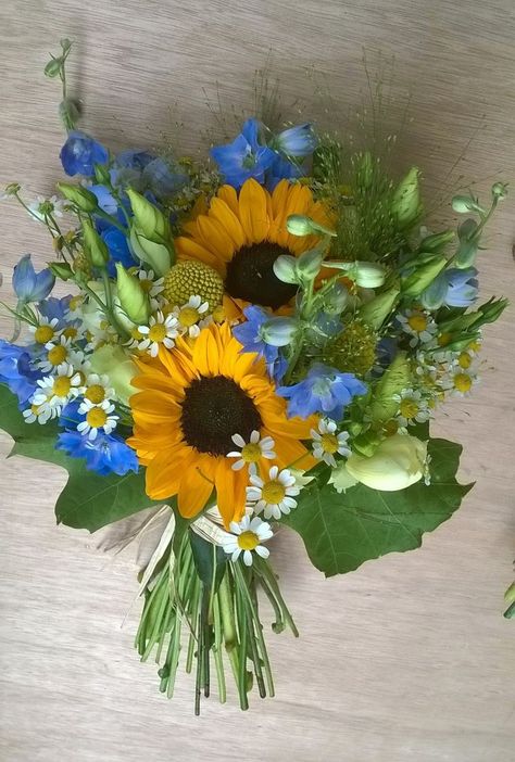 Sunflower And Delphinium Bouquet, Delphinium Bouquet, Home Flower Arrangements, Orange Wedding Flowers, Spring Carnival, Sheffield Uk, Summer Bouquet, Orange Wedding, Blue Daisy