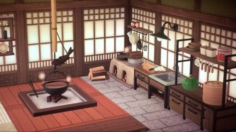 Acnh Japanese Kitchen, Manga Buildings, Animal Crossing Kitchen Ideas, Kitchen Ideas Traditional, Animal Crossing Kitchen, Traditional Japanese House Plans, Korean Traditional House, Asian House, Traditional Japanese House