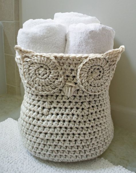 Crochet Owl Basket, Owl Basket, Crocheted Basket, Knitted Owl, Crochet Owls, Owl Crochet Patterns, Basket Crochet, Yarn Holder, Crochet Owl