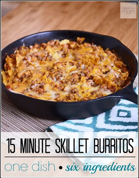 Looking for a healthy dinner when pressed for time? This versatile 15 Minute Skillet Burrito only takes 6 ingredients, is a 9.5 our 10 stars with my kiddos, and super easy. Even better, it's pretty darn healthy when made with lean ground beef and reduced-fat cheese. Burrito Recipe, Skillet Cooking, Burritos Recipe, Skillet Meals, Iron Skillet, Ground Beef Recipes, One Pot Meals, Main Dish Recipes, Main Dish