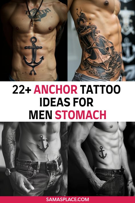 Large anchor tattoo on a man’s stomach with intricate detailing, symbolizing resilience and personal strength. Cool Stomach Tattoos For Men, Tattoo Ideas For Men Stomach, Anchor Tattoo Design For Men, Hip Tattoos Men, Abdomen Tattoo Men, Chain Tattoo Men, Side Stomach Tattoos For Guys, Stomach Tattoo Men, Ribs Tattoo Men