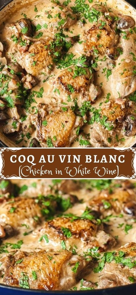 Chicken In White Wine Sauce, Chicken In White Wine, Braised Chicken Recipes, Chicken Wine, White Wine Recipes, White Wine Chicken, Chicken With Mushrooms, Cozy Dinners, Gourmet Chicken