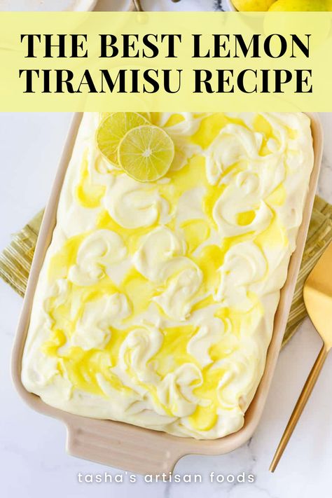 An image of delicious and easy lemon tiramisu, easy Summer dessert. Lemon Curd Tiramisu, Lemon Tiramisu With Lemon Curd, Limoncello Tiramisu Recipe, Tiramisu Variations, Lemon Tiramisu Recipe, Lemon Tiramisu, Dessert Lemon, Lemon Olive Oil Cake, Lemon Dessert