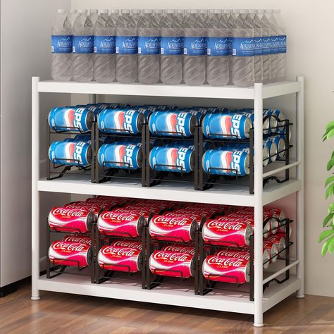 Pop Organization, Garage Drink Storage, Soda Organization Pantry, Beverage Storage Ideas, Soda Can Storage, Soda Can Organization, Soda Can Storage Ideas, Soda Can Organizer, Drink Storage Ideas