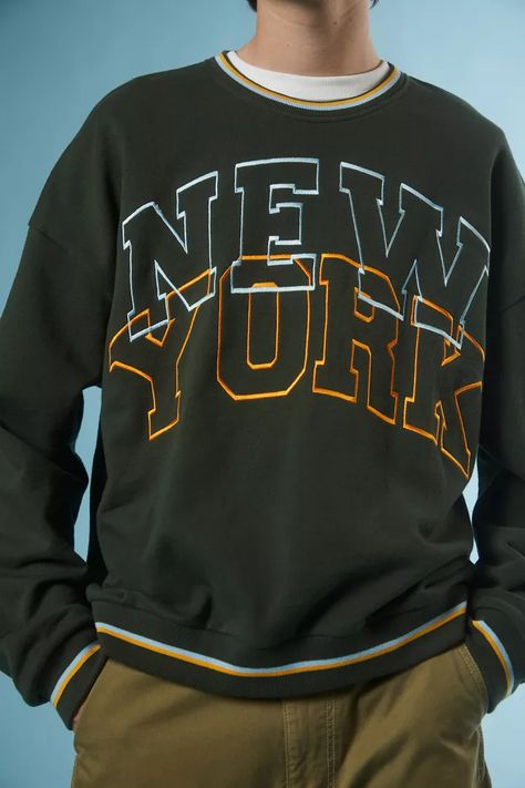 Embroidered New York Varsity Sweatshirt | Urban Outfitters Logo Play, Boys Shirts Pattern, Ck Logo, Varsity Sweatshirt, Athletic Style, Latest Mens Fashion, Sports Apparel, Athletic Fashion, Mens Graphic Tee