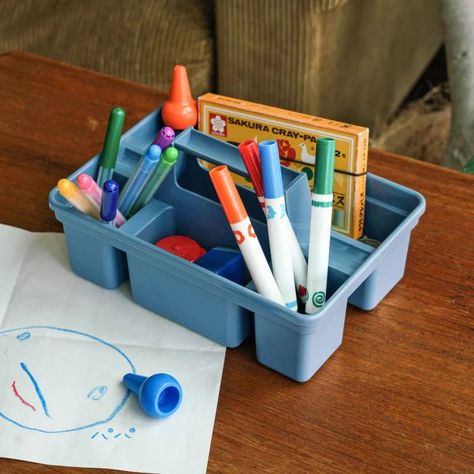 A large stackable storage caddy box made of PP plastic by Hightide. Classic hardware toolbox with a handle has been redesigned into a compact size, especially with desktop in mind. Not only can you store home improvement and DIY craft tools, you can organize (and access!) any items that are frequently used. Contents can range from office and art supplies, entryway items like hand sanitizers and masks, remote controls, cosmetics, glasses, kitchen utensils... just an arm-stretch away, anywhere at Room Decor Products, Glasses Kitchen, Storage Caddy, Studio Kitchen, Hand Sanitizers, Can Organizer, Stackable Storage, Basket Design, Candle Companies