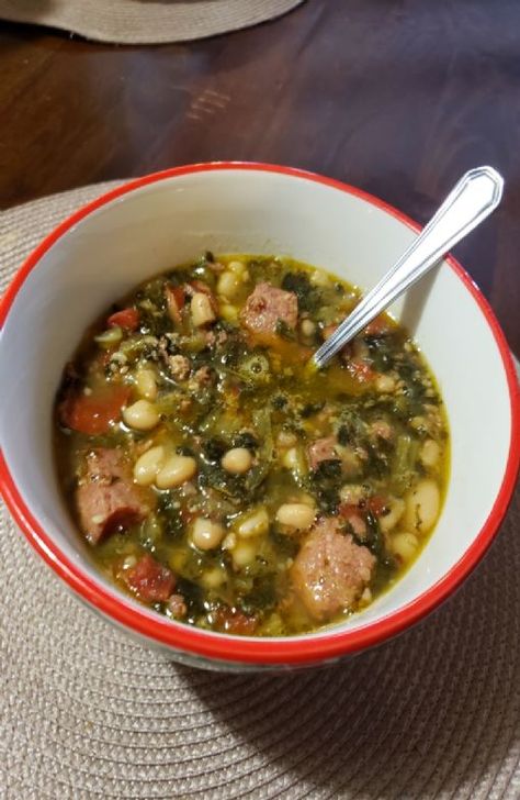 Turnip Green Soup With Sausage, Turnip Green Soup, Vegan Comfort Food Recipes, Turnip Soup, Soup With Sausage, Sausage Crockpot, Green Soup, Turnip Greens, Northern Beans