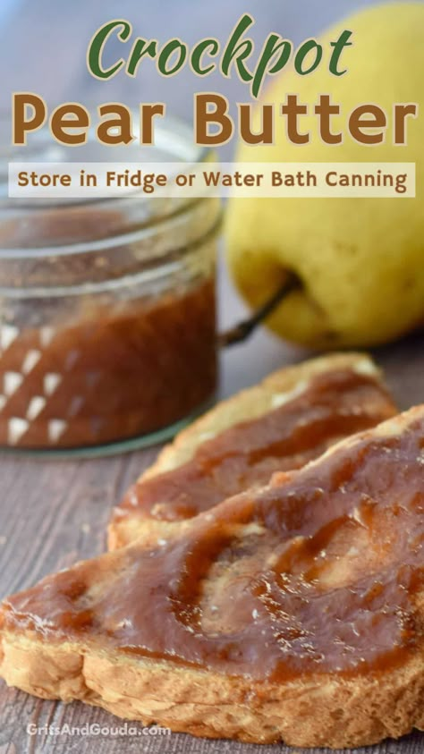 Crockpot Pear Butter Canning, Slow Cooker Pear Butter Recipe, Instapot Pear Butter, Crockpot Vanilla Pear Butter, Homemade Pear Butter, Pear Butter Recipe Canning Crock Pot, Pear Sauce Crockpot, Slow Cooker Pear Butter, Pear Conserve Recipe