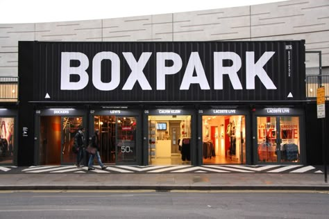 Boxpark Shoreditch, Box Park, Container Cafe, Shop Signage, Container Office, Warehouse Design, Container Buildings, Storefront Design, Shoreditch London