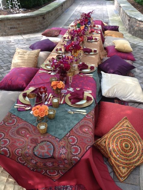 Indian Themed Birthday Party, Morocco Theme Party, Lebanese Theme Party, Arabian Dinner Table, Lebanese Table Setting, Arabic Dinner Table, Middle Eastern Party Theme, Arabian Night Themed Party, Persian Party Theme