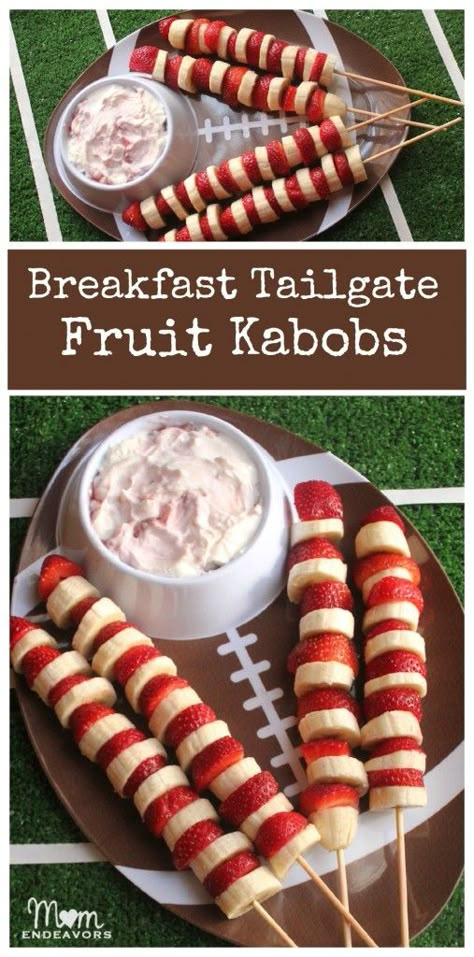 Breakfast Tailgate Food – Fruit Kabobs {College Football Tailgate Party} « Mom Endeavors Breakfast Ideas For Tailgating, Fruit Tailgate Food, Tailgate Fruit Ideas, Homecoming Tailgate Ideas, Tailgating Breakfast Food, Breakfast Food For Tailgating, Early Morning Tailgate Food, Morning Tailgate Food, Football Breakfast Ideas