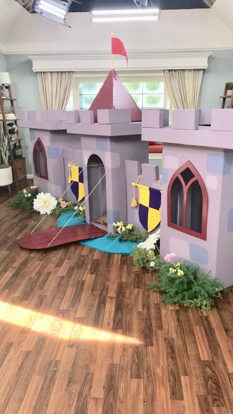 DIY Cardboard Castle — From Scratch with Maria Provenzano Princess Castle Cardboard Diy, Castle For Birthday Party, Cardboard Box Princess Castle, Box Castle Diy For Kids, Diy Castle Cardboard Projects, Box Castles Cardboard, Diy Cardboard Castle Playhouse, Castle Made Out Of Boxes, Life Size Cardboard Castle