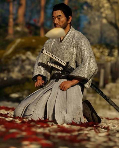 Samurai Kneeling, Samurai Warrior Art, Ghost Of Tsushima Art, Ghost Of Tsushima Jin Sakai, Fantasy Samurai, The Way Of The Warrior, Way Of The Samurai, Jin Sakai, 47 Ronin