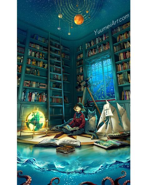 Wenqing Yan on Instagram: “From the depth of the ocean  To the limitless sky Open a book, open your mind This world is boundless So let your imagination fly ---- An…” Yuumei Art, Wow Art, 판타지 아트, Fantasy Illustration, Drawing Tutorials, Book Shelf, Anime Scenery, 그림 그리기, Amazing Art