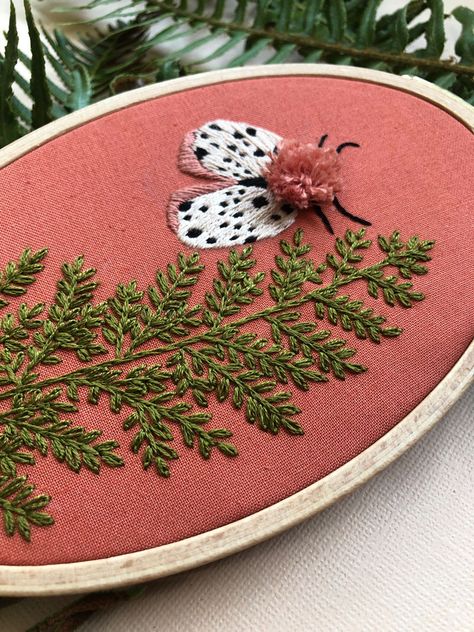 The Perfect Fall Stitch: Moth and Fern Embroidery Kit Embroidery Leaf Pattern, Fern Stitch Embroidery Designs, Fern Embroidery Tutorial, Fern Embroidery, 3d Embroidery, Fern Embroidery Pattern, Fern Leaf Embroidery, Embroidered Fern, Fern Embroidery Stitch