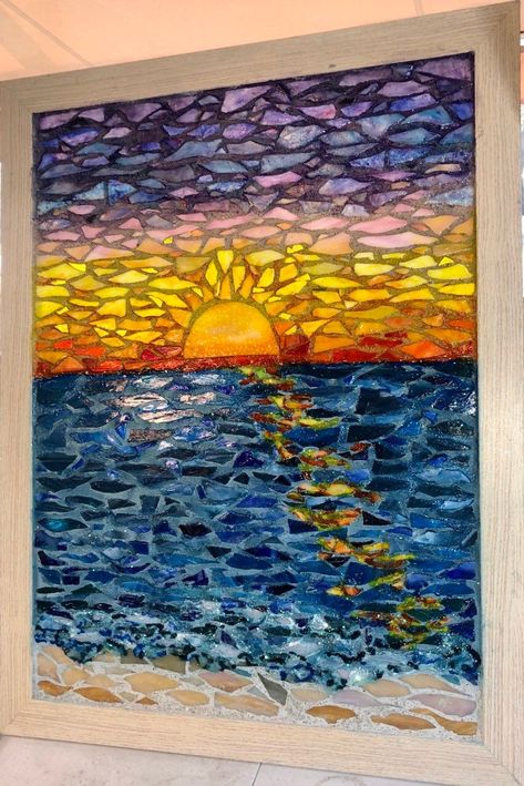 Mosiac Art Sunset, Galaxy Mosaic Art, Mosaic Canvas Art, Mosaic Sunset Ideas, Abstract Mosaic Art Easy, Window Mosaic Ideas, Mosaic Art Projects High School, Mosaic Sunset Over Water, Beach Mosaic Ideas