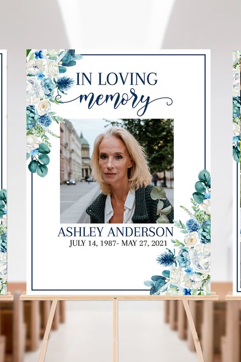 Celebration Of Life Funeral Poster, Blue White Photo Collage Funeral Welcome Sign, Photo Memorial Sign, Funeral Poster Photo Display Set B1 White Photo Collage, Poster Blue, Welcome Sign Template, Poster Photo, Memorial Signs, Life Poster, Photo Display, Floral Photo, Loving Memory