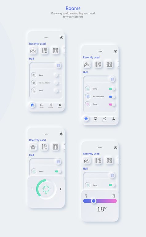 Smart Home. Neumorphism app concept on Behance Mobile Home Screen Design, Clean App Design, Minimal Ui Design, Ui Ux 디자인, Illustration Minimal, App Design Layout, Ux App Design, Android App Design, Ui Design Trends