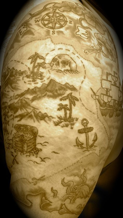 Vintage Pirate Tattoo, Pirate Map Tattoo, Pirate Flag Tattoo, Nautical Sleeve, Pirate Skull Tattoos, Pirate Ship Tattoos, World Map Tattoos, Map Tattoo, Pirate Treasure Maps