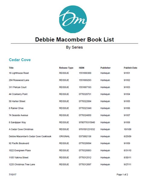 Debbie Macomber Book List for the Cedar Cove Series in order Cedar Cove Series, Series List, Cedar Cove, Debbie Macomber, Daenerys Targaryen Jon Snow, Celebrity Travel, Diana Gabaldon, Arya Stark, Thomas Brodie