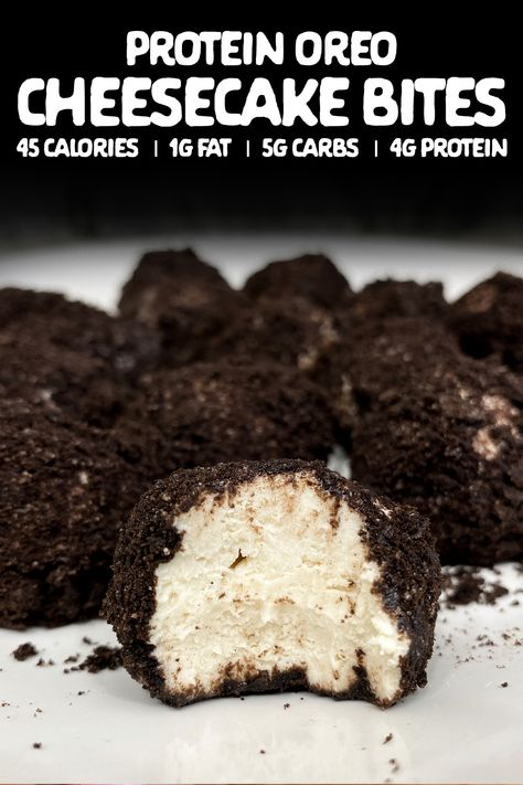 Macros Desserts, Oreo Protein Balls, Oreo Yogurt, Oreo Deserts, Protein Cheesecake Bites, Protein Bakes, Herbalife Snacks, Protein Oreo, Vitamin Cheat Sheet