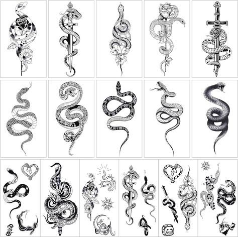 Amazon.com : 16 Sheets Realistic Snake Temporary Tattoo 3D Tribal Serpent Fake Tattoos Waterproof Peony Fake Rose Tattoos Temporary Viper Floral Designed Tattoo Stickers with Forearm Swords for Arm Body Art, Black : Beauty & Personal Care Black Snake Tattoo, Small Snake Tattoo, Tattoo 3d, Cobra Tattoo, Tattoos Temporary, Snake Tattoos, Serpent Tattoo, Snake Tattoo Design, Rose Tattoo Design