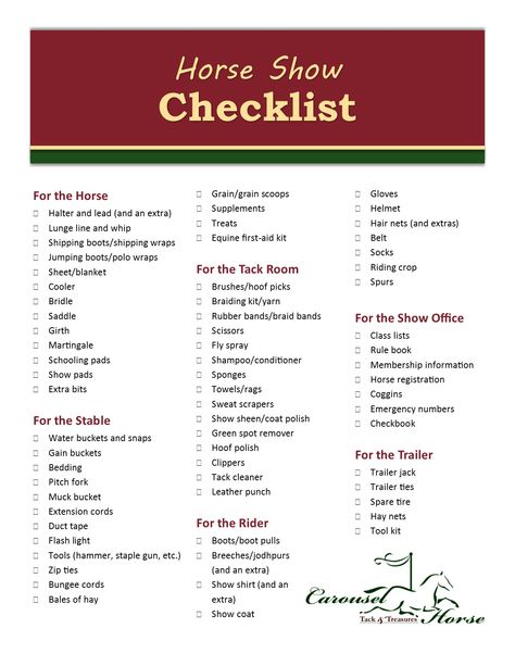 Let The Carousel Horse Prepare You for Show Season – Horse Show Checklist https://carouselhorsetack.wordpress.com/2014/03/07/let-the-carousel-horse-prepare-you-for-show-season-horse-show-checklist/ Horse Show Prep List, Horse Show List, Horse Trailer Essentials, Horse Show Packing List, Horse Show Packing, Horse Show Checklist, Horse Trailer Organization, Barn Office, Horse Hacks