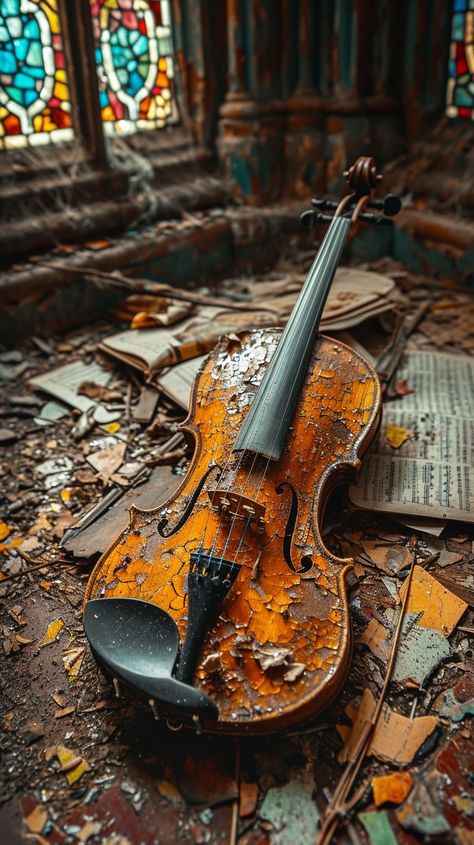 Forgotten Violin Melody: An abandoned violin lies forgotten amidst debris and decay in a space once filled with music. #violin #abandoned #decay #music #forgotten #aiart #aiphoto #stockcake ⬇️ Download and 📝 Prompt 👉 https://ayr.app/l/375S Violin Core, Skeleton Playing Violin, Fantasy Violin, Guitar Aesthetics, Violin Aesthetic, Violin Pics, Old Violin, Violin Photography, Vintage Violin