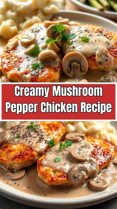 Savor the rich flavors of this Creamy Mushroom Pepper Chicken—tender, juicy chicken simmered in a luscious garlic mushroom sauce with a kick of black pepper. This easy one-pan chicken recipe is perfect for a cozy dinner! Serve it with rice, pasta, or veggies for a comforting meal.

#CreamyMushroomChicken #EasyDinnerRecipe #OnePanMeal #ChickenLovers #ComfortFood Garlic Mushroom Sauce, Pepper Chicken Recipe, Creamy Mushroom Chicken, Pan Chicken Recipes, Recipes With Chicken And Peppers, Dinner Recipes Ideas, Chicken Tender, One Pan Chicken, Pepper Chicken