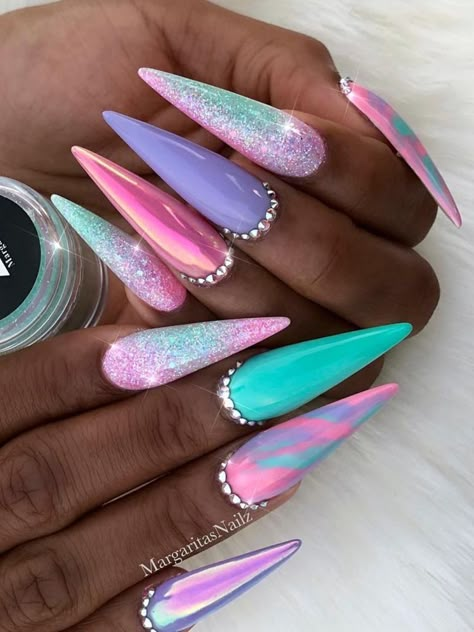 Unicorn Nails Designs, Unicorn Nail Art, Shiny Nails Designs, Unghie Sfumate, Unicorn Nails, Mermaid Nails, Builder Gel, Fancy Nails, Dope Nails