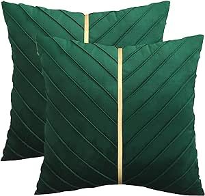 Tosleo Christmas Green Velvet Throw Pillow Covers 22x22 inch Pack of 2 with Gold Leather Forest Green Decorative Couch Pillowcase Luxury Modern Pillow Cover Dark Green And Gold Living Room Decor, Green Velvet Throw Pillow, Office Patio, Aesthetic House, Modern Pillow Covers, Cozy Christmas Decor, Couch Pillow Covers, Modern Pillow, Christmas Weddings