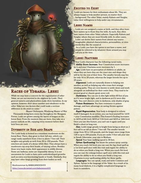 Races of Ydrasia: Leshi. Mushroom-Folk! - UnearthedArcana Home Brew Dnd Races, Dnd Hombrew Races, D&d Homebrew Races, Dnd Homebrew Race, Dnd 5e Races, Mushroom Folk, Homebrew Races, Dm Board, 5e Races