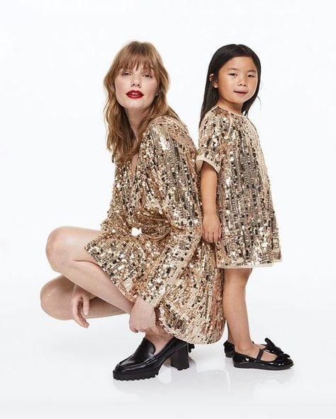 H&M Kids on Instagram: "Double the fun by sparkling together. ✨ #HMKids Sequin dress: 1048276004 Balet pumps: 1087566003 Sequined wrap dress: 1119044005 Chunky heeled loafers: 1078681001" Dress With Loafers, Sequins Outfit, Sequin Dress Outfit, Christmas Outfit Inspiration, Golden Dress, Girls Christmas Outfits, Sequined Dress, Flared Dress, Gold Dress