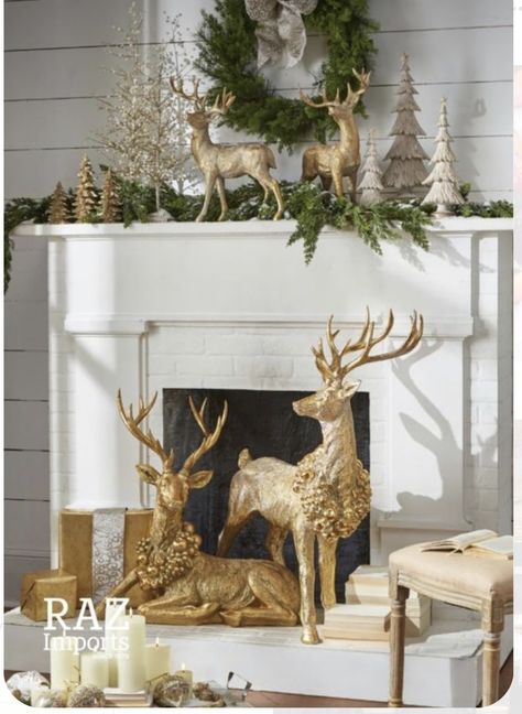 Reindeer Fireplace Decor, Christmas Deer Decorations, Mantel Decorating Ideas, Mantel Decorating, Christmas Fireplace Decor, Reindeer Decorations, Christmas Decor Inspiration, Christmas Mantel Decorations, Christmas Interiors