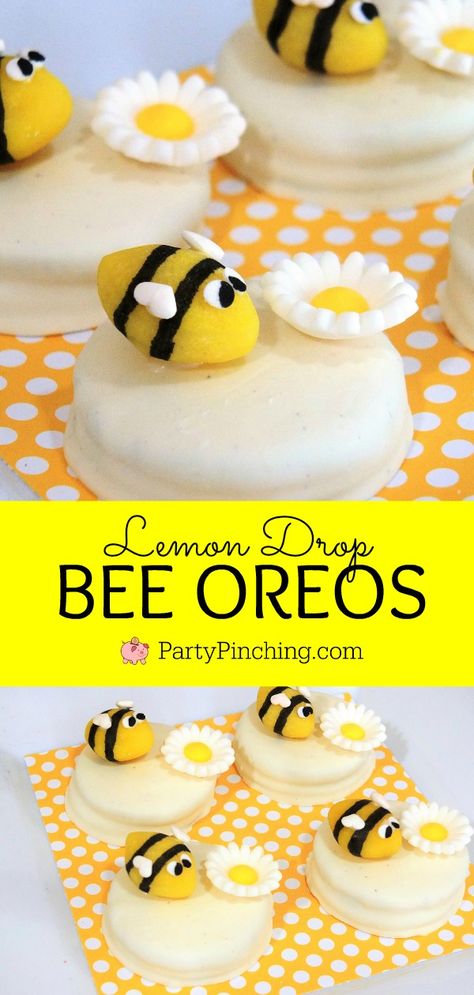 Bee Party Desserts, Bee Desert Ideas, Honey Bee Desserts, Bumble Bee Treats Ideas, Yellow Desserts Ideas, Bee Cupcakes Ideas, Honeybee Cookies, Bee Party Food Ideas, Bee Desserts