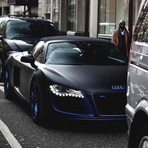 Satin black and chrome blue trim Audi R8 Spyder Audi R8 Matte Black, Audi R8 Black, Porsche Cayman 987, Dream Cars Audi, Audi R8 Spyder, Luxury Cars Audi, Black Audi, Road King Classic, Audi R8 V10