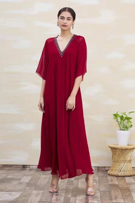 Shop for Kommal Sood Red Georgette Embellished Gown for Women Online at Aza Fashions Gown For Women, Red Panels, Embellished Neckline, Georgette Dress, Embellished Gown, Maxi Gown, Red Gowns, Ladies Gown, Gowns Online