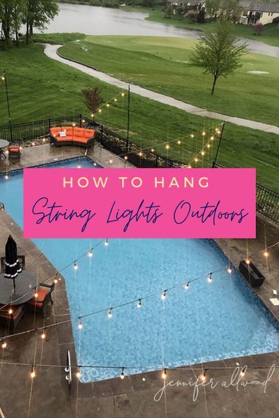 Pool Deck String Lights, String Lights Around Pool Deck, Lights Across Pool, Lights For Pool Area, Backyard Lighting Ideas With Pool, Pool House Lighting Ideas, Bistro Lights Over Pool, Pool Party Lighting Ideas, Hanging Lights Over Pool