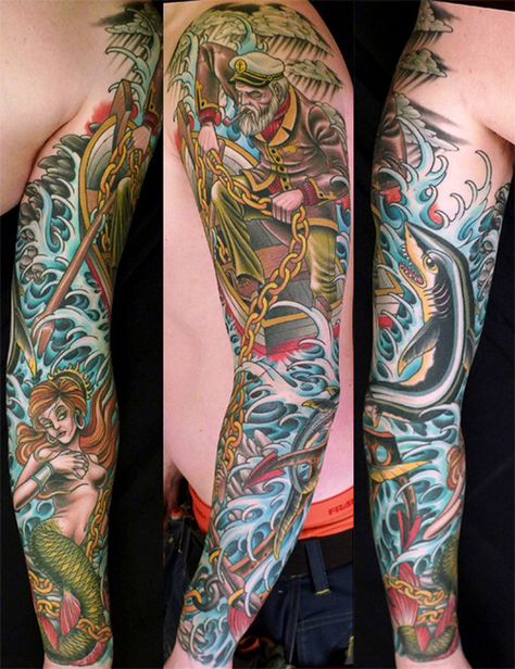 Sick nautical sleeve Nautical Sleeve, Mermaid Sleeve Tattoos, Nautical Tattoo Sleeve, Sleeve Filler, Mermaid Tattoo Designs, Full Sleeve Tattoo Design, Nautical Tattoo, Theme Tattoo, Leg Sleeve Tattoo