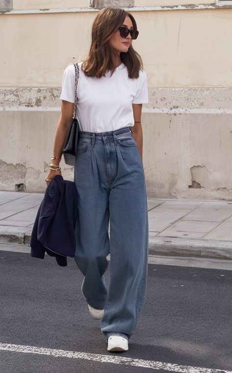 This timeless ensemble features a white t-shirt tucked into high-waisted jeans, a look that exemplifies effortless style suitable for everyday outfits casual. Baggy Jeans Outfit Aesthetic Summer, Modest Fits Jeans, Wide Leg Jeans And White Shirt, Baggy Pants Style Women, White T Shirt And Blue Jeans Outfit, Wide Leg Jeans Women Outfit, Loose Jeans Outfit Summer, White Shirt And Jeans Outfit Aesthetic, Boyfriend Shirts For Women Outfits