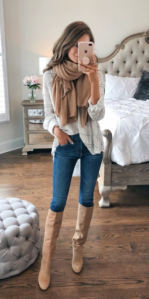 Nordstrom Anniversary Sale... this blog has the cutest picks and all the sizing info! Love the cognac scarf and matching boots for fall High Boots Outfit, Outfit Jeans, Nordstrom Anniversary Sale, Cute Fall Outfits, Winter Mode, Casual Fall Outfits, Anniversary Sale, Looks Vintage, Boots Outfit