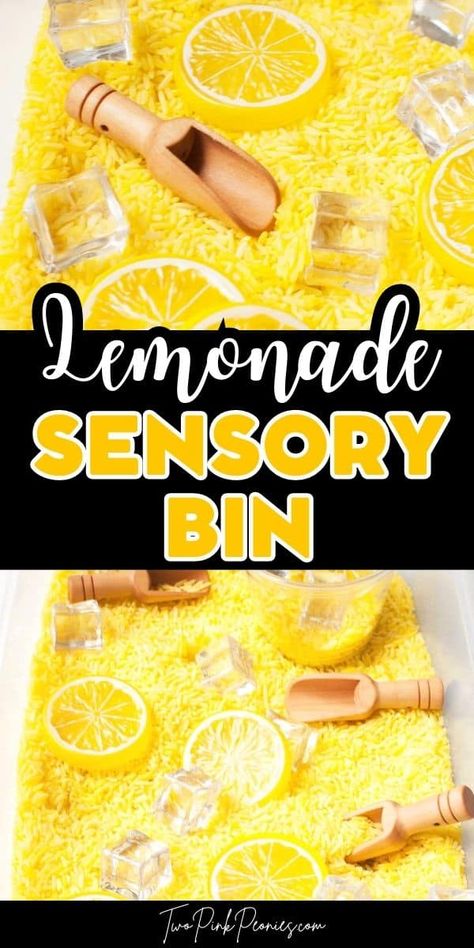 Lemonade Sensory Bin - This DIY lemonade sensory bin is such a fun summer activity. Kids will have a blast scooping, exploring, and using their imagination. Kids Sensory Activities, Diy Lemonade, Toddler Sensory Bins, Summer Preschool Activities, Picnic Activities, Sensory Tubs, Order Cards, Sensory Crafts, Sensory Activities Toddlers