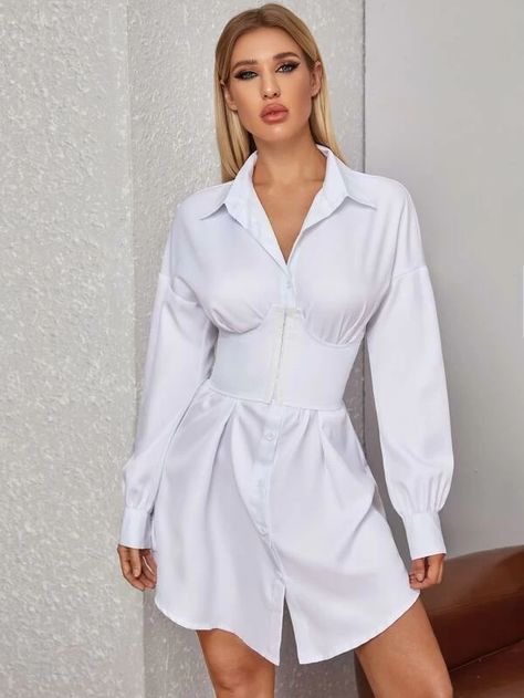 Button Front Corset Detail Shirt Dress | SHEIN USA Corset Over Shirt Outfits, Shirt Dress With Corset, White Tshirt Dress, Dresses Corset, Corset Outfits, Shirt Dress Pattern, Shirt Dress Outfit, Corset Shirt, Virtual Wardrobe