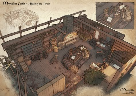 Fantasy Cabin Interior, Fantasy Cabin, Interior Concept Art, Dnd Homebrew, Log Cabin Interior, Minecraft Interior Design, Fantasy Rooms, Forest Cabin, Cabin Art