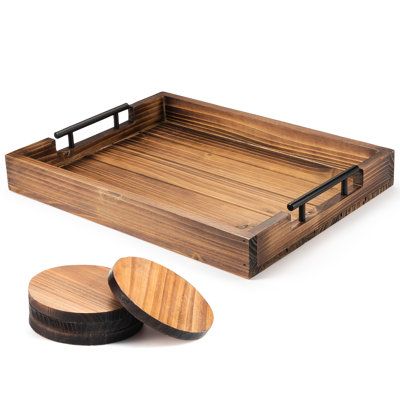 Enjoy your breakfast in bed, have your snacks and drinks by your side while watching TV, or take meals out into the garden for a mini picnic with Loon Peak® Ottoman Tray (wood). Our handy wooden tray is lightweight, easy to carry, and large enough to hold all your silverware. Featuring a well-thought multipurpose design, this serving tray is a great way to serve guests coffee, wine, pastries, and more in style! Loon Peak® WOODEN SERVING TRAY WITH HANDLE -Transform your center table or coffee tab Ottoman Serving Tray, Couch Tray, Tray For Coffee Table, Rustic Serving Trays, Coffee Table Kitchen, Tray Coffee Table, Serving Tray Set, Coffee Tray, Kitchen Tray