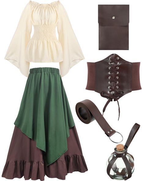 PRICES MAY VARY. What's Included in the Package: the package comes with 1 piece of potion bottle with cork, 1 piece of pouch, 1 piece of leather belt, and 1 piece of corset waist belt, and 1 piece of Victorian dress, you can wear them in a suit, or wear them separately Renaissance Dress Costume: our dress is design in classic beige and green colors, vintage and elegant, delicate and nice looking, you can tie the waist belt to show your body shape well, making you look more eye catching Durable a Halloween Pirate Costume, Victorian Dress Gown, Wench Costume, Ren Faire Outfits, Ren Faire Costume, Steampunk Pirate, Fair Outfits, Fest Outfits, Costume Set