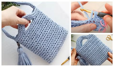 Herringbone Stitch Knitting, Bag Free Crochet Pattern, Crochet Mini Bag, Stitch Bag, Crochet Basket Pattern Free, Crochet Bag Pattern Free, Herringbone Stitch, Crochet Basket Pattern, Crochet Handbags Patterns